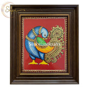 Peacock (Blue & Red) Tanjore Painting with Modern Frame